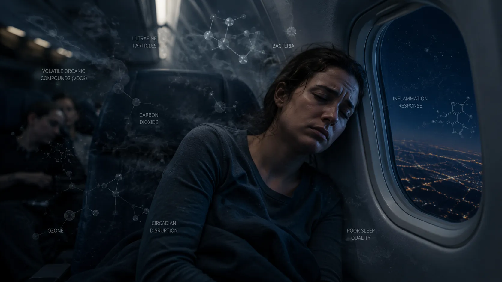 A tired passenger in a dim airplane cabin with hazy airborne contaminants around them