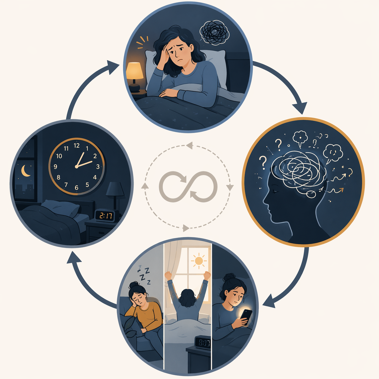 Diagram of the chronic insomnia maintenance cycle with worry, arousal, compensatory behaviors, and poor sleep quality