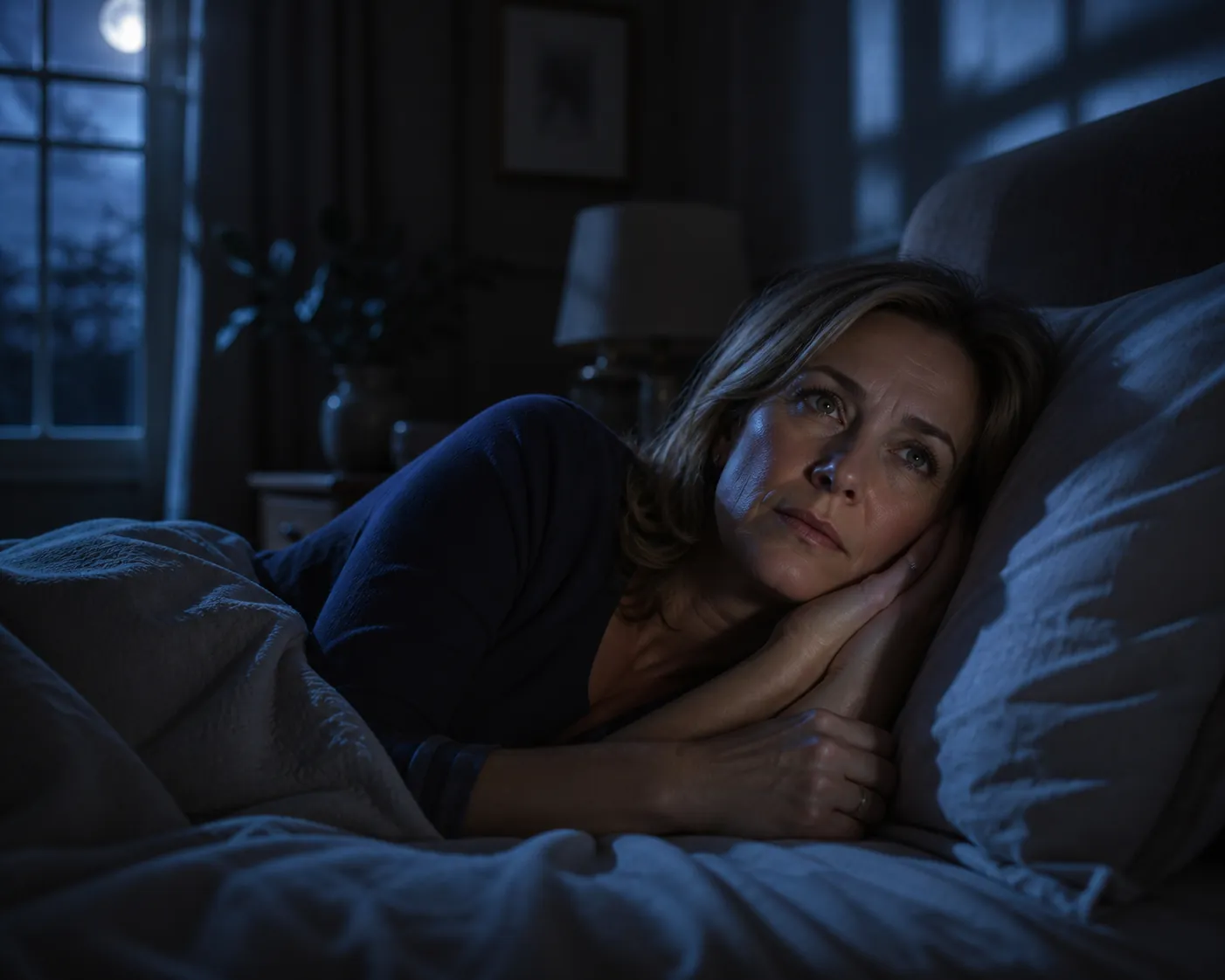 A woman in her late 40s lying awake in bed under silver-blue moonlight
