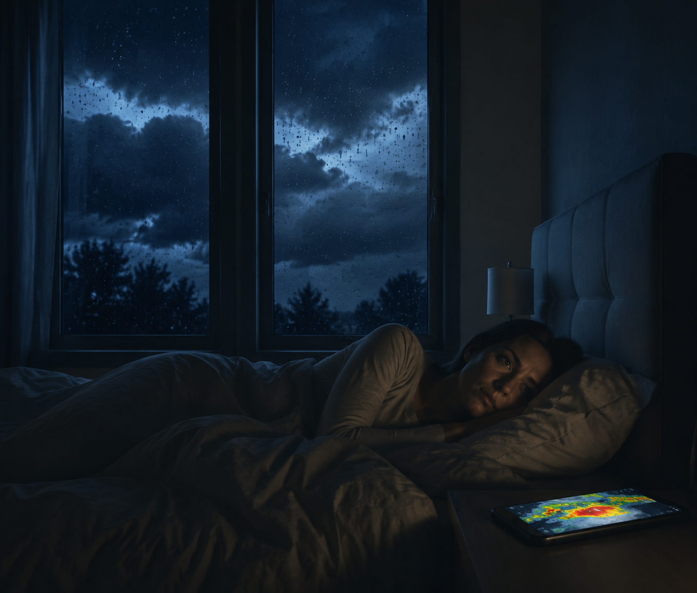 Dark bedroom at night with rain on the window and a glowing weather alert on a phone