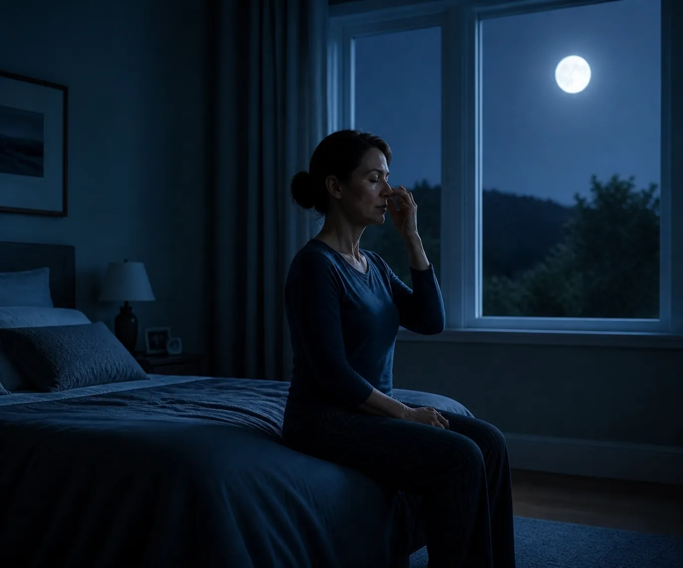 Perimenopausal woman practicing nostril breathing on the edge of her bed in moonlight