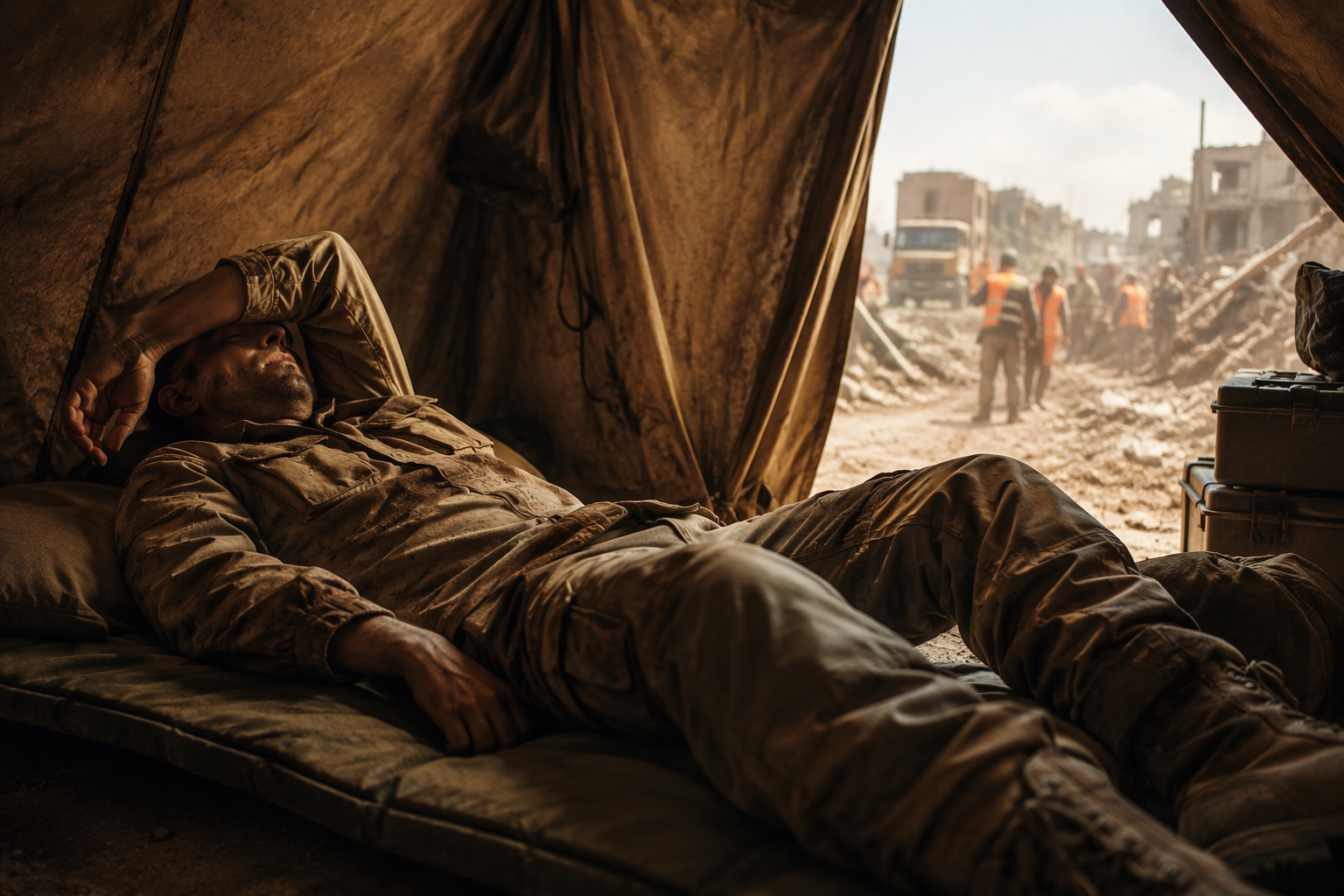 Disaster relief worker lying tense on a thin sleeping mat inside a dim tent while emergency activity continues outside