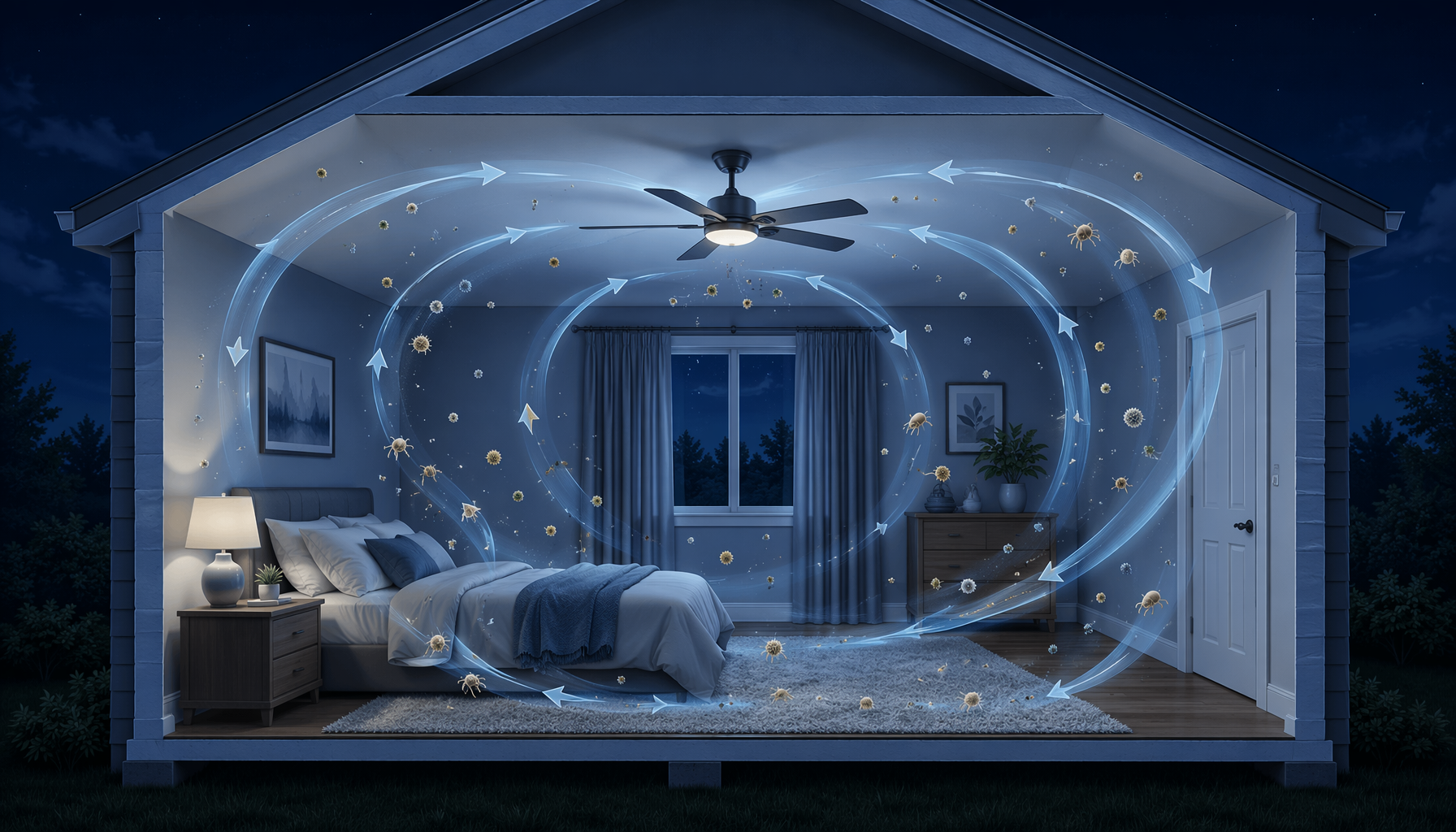 A side-view cross-section editorial illustration of a bedroom at night showing a ceiling fan circulating air in circular patterns with small visible dust and pollen particles being lifted from the bedding, carpet, and curtains into the airflow, all in cool blue and muted grey tones.