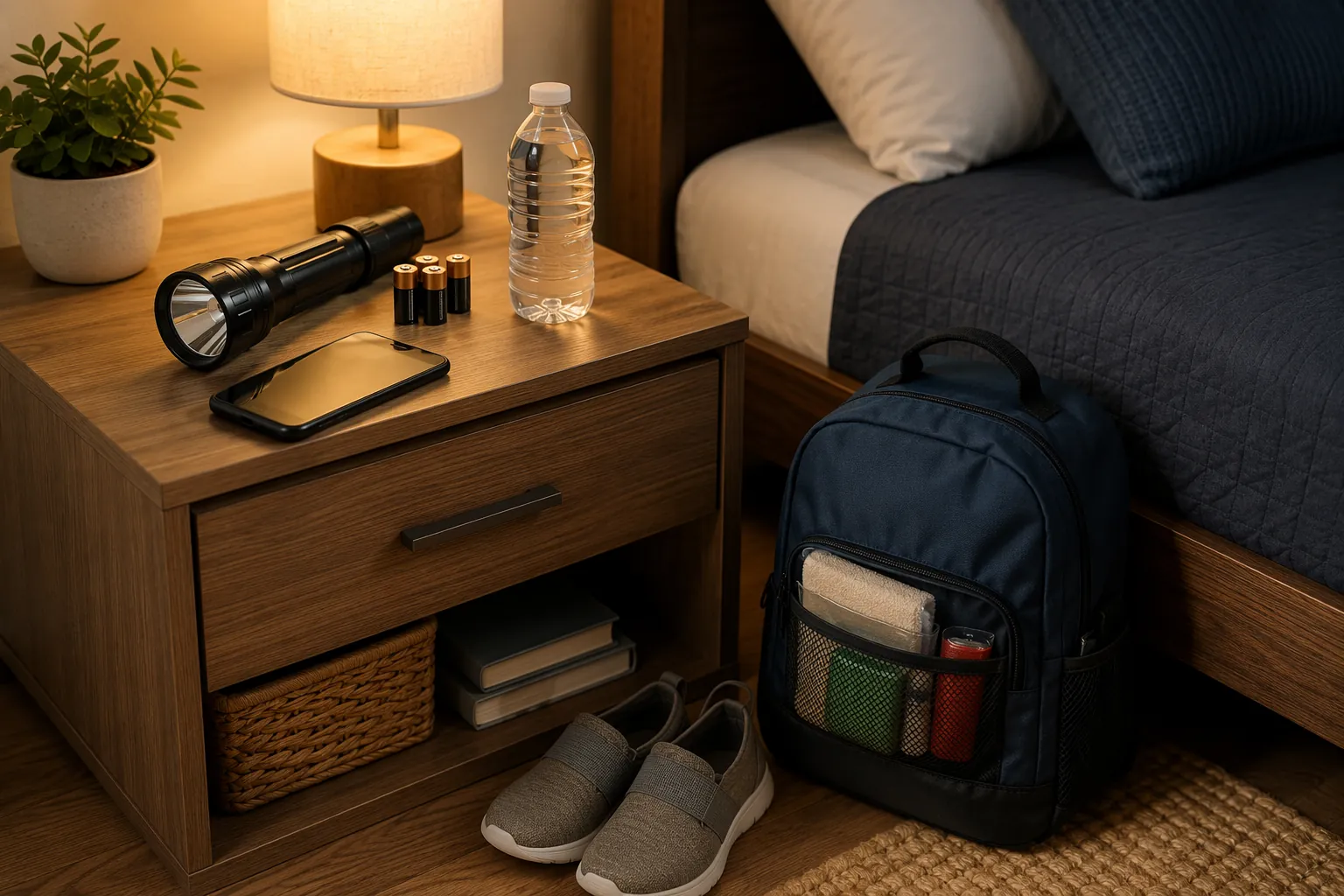 Bedside earthquake preparedness setup with flashlight, slip-on shoes, go-bag, water bottle, and phone