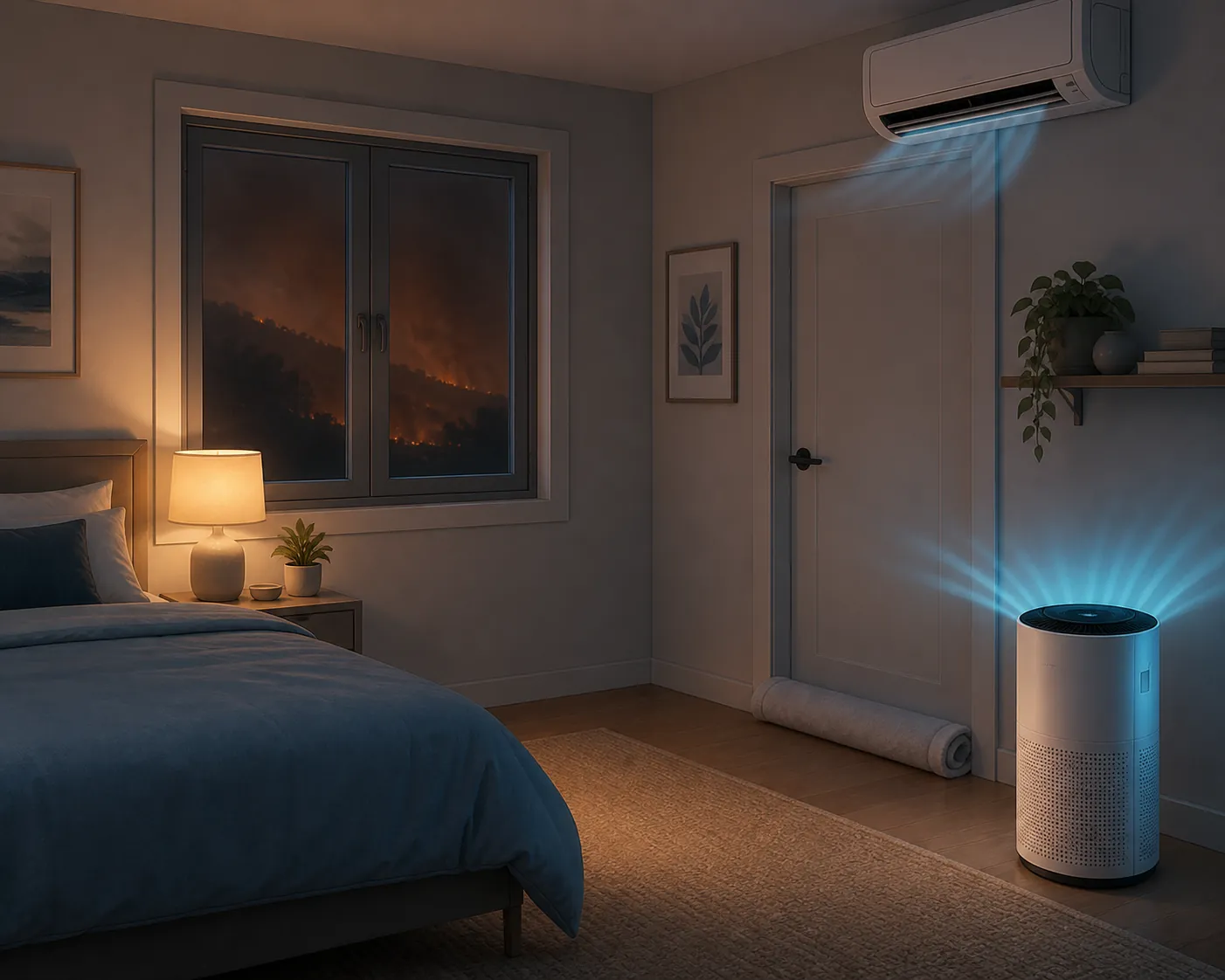 A clean-air sleep room with a sealed window, towel under the door, HEPA purifier, and AC on recirculate