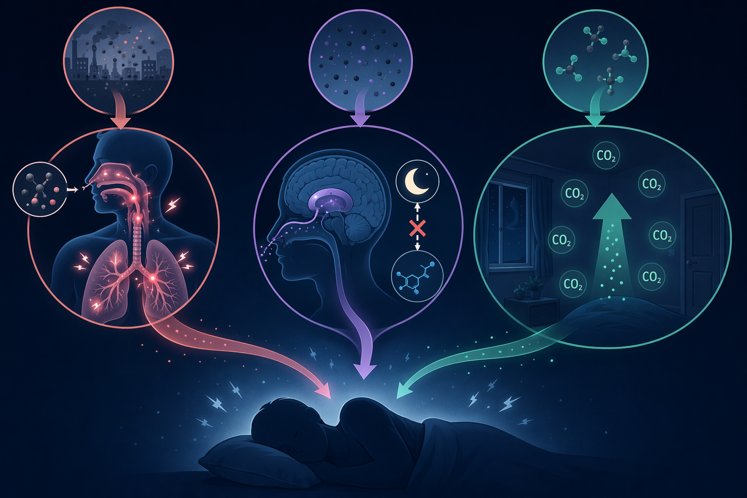 Illustration of airway irritation, brain pathway, and carbon dioxide buildup affecting sleep