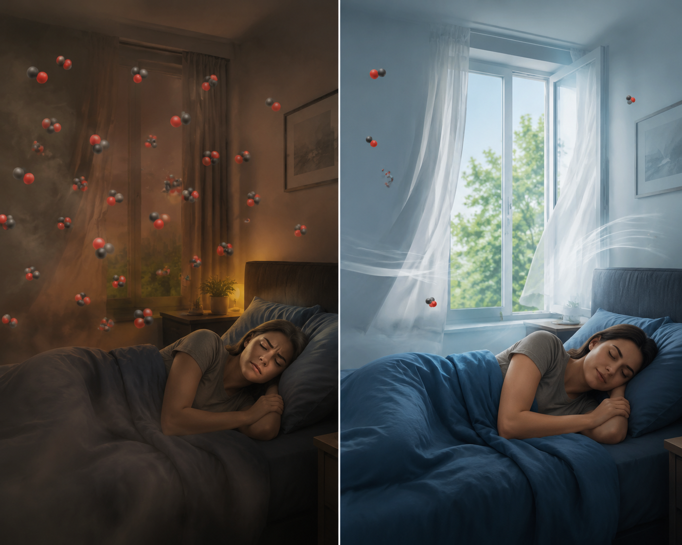Split view of a hazy closed bedroom and a cleaner ventilated bedroom showing restless versus peaceful sleep