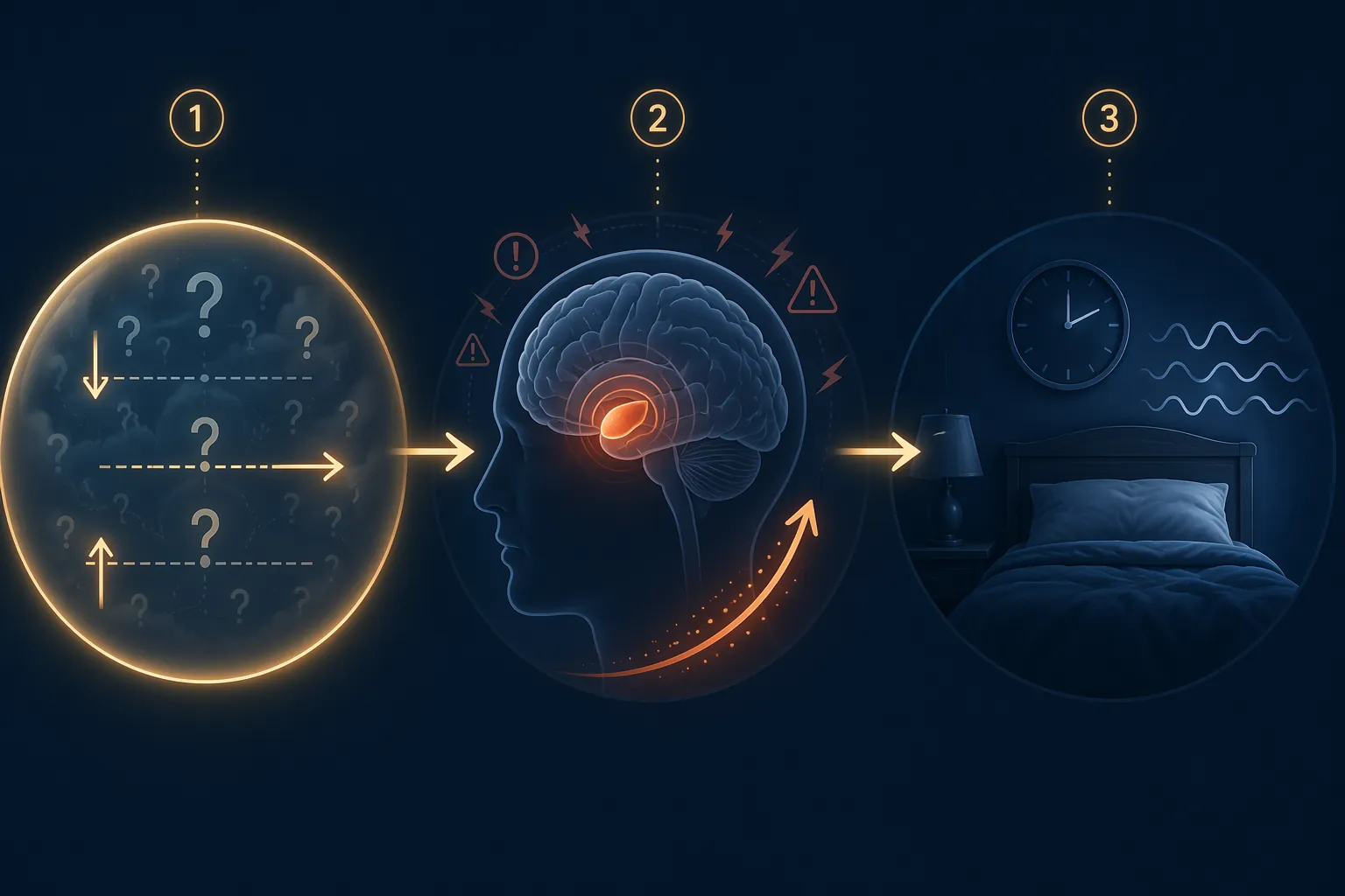 Diagram showing retirement tax rules leading to amygdala alert and cortisol, then wakefulness in bed