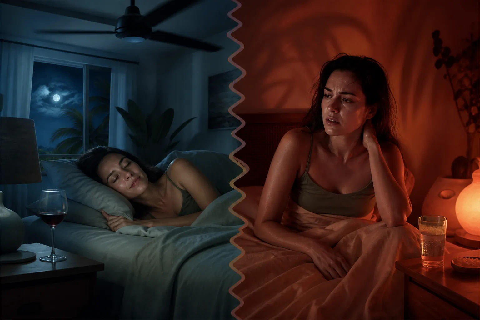 Split scene of a woman feeling drowsy after wine and later awake, flushed, and restless in bed