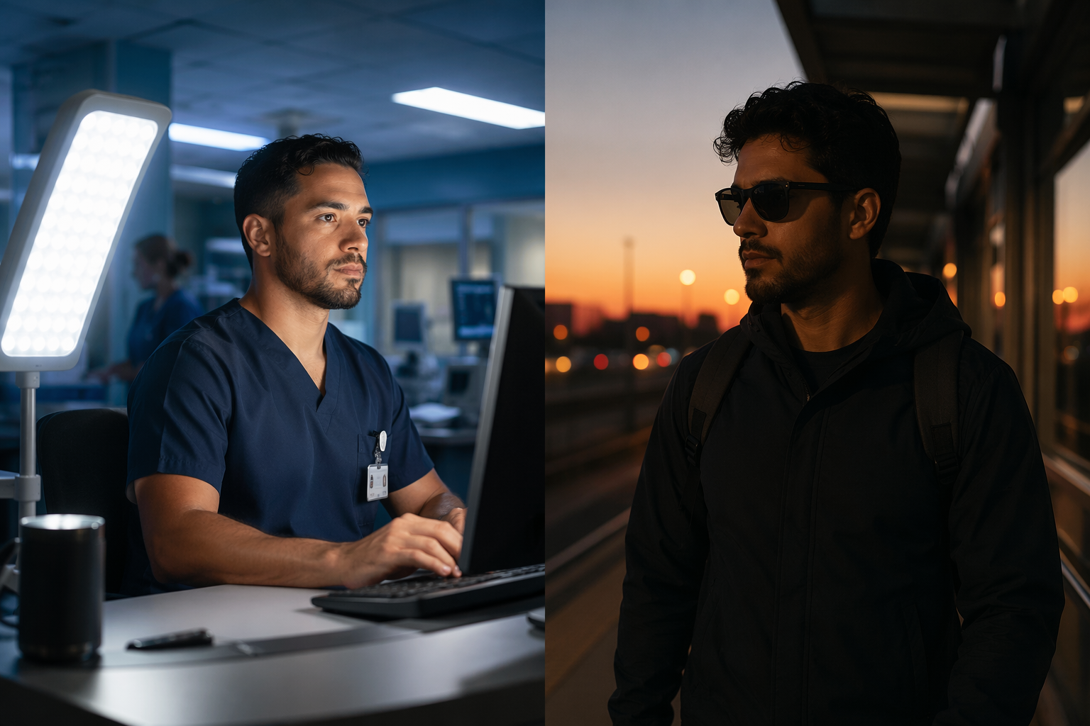 Night worker using bright indoor light during a shift and sunglasses for dawn light avoidance before daytime sleep