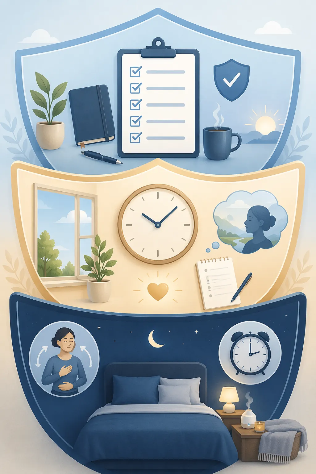Infographic of three protective layers for hurricane sleep: preparation, cognitive de-arousal, and sleep-protective behavior