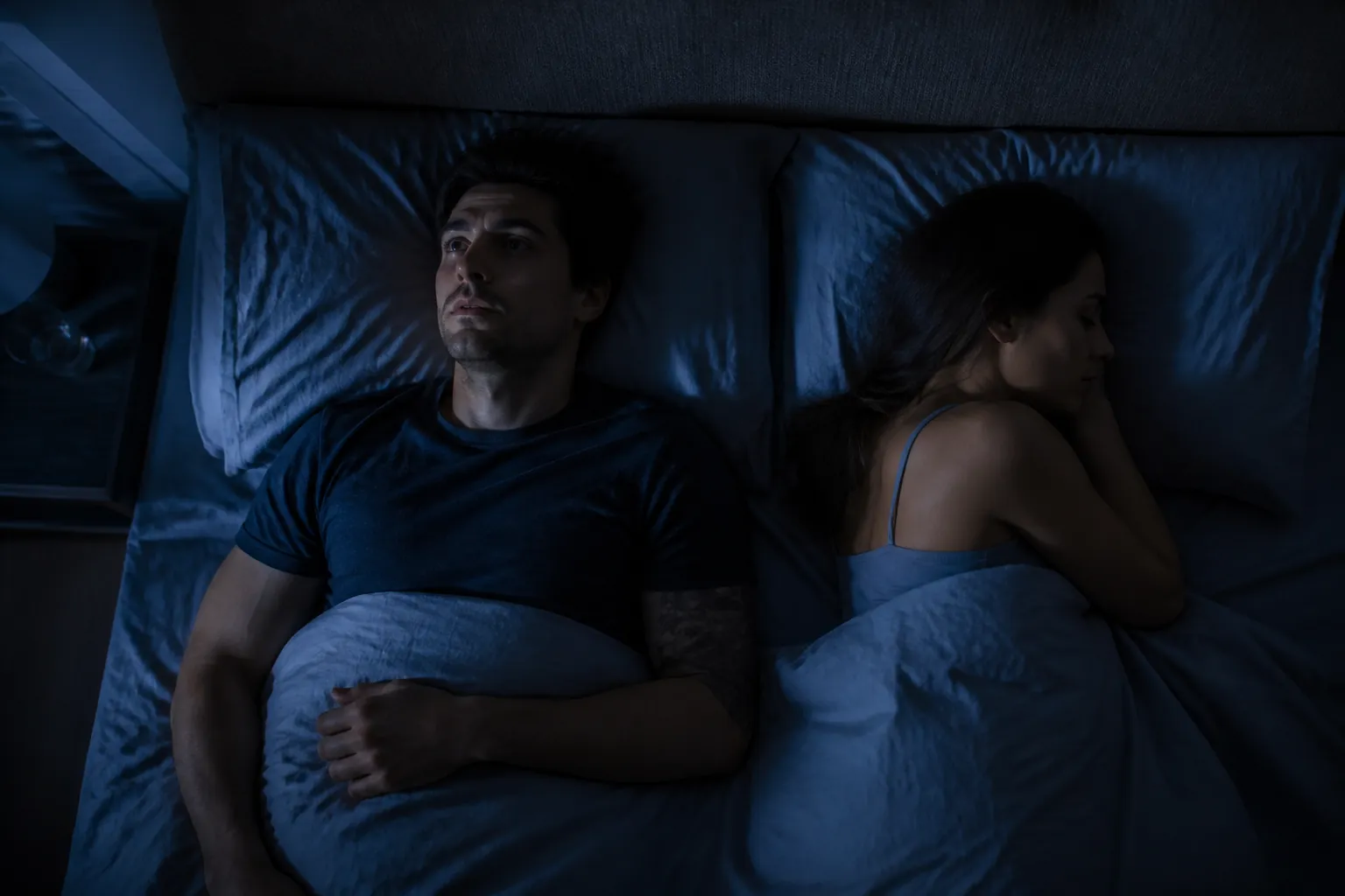 A tense couple lying back-to-back in a dim bedroom at night while one partner lies awake
