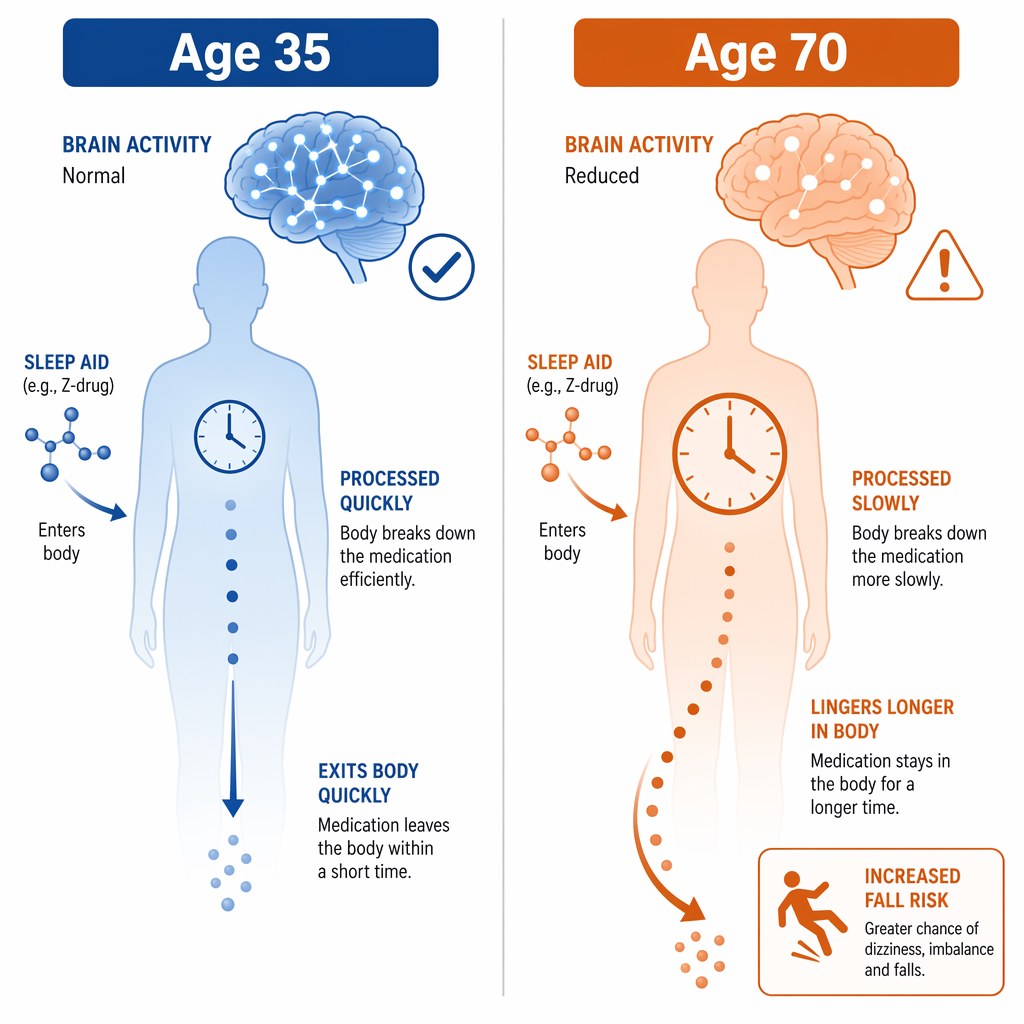 Split educational diagram comparing a younger adult body (age 35) versus an older adult body (age 70) showing diphenhydramine processing — the older side shows slower clearance, a brain with reduced activity and caution icon, and a fall-risk warning symbol