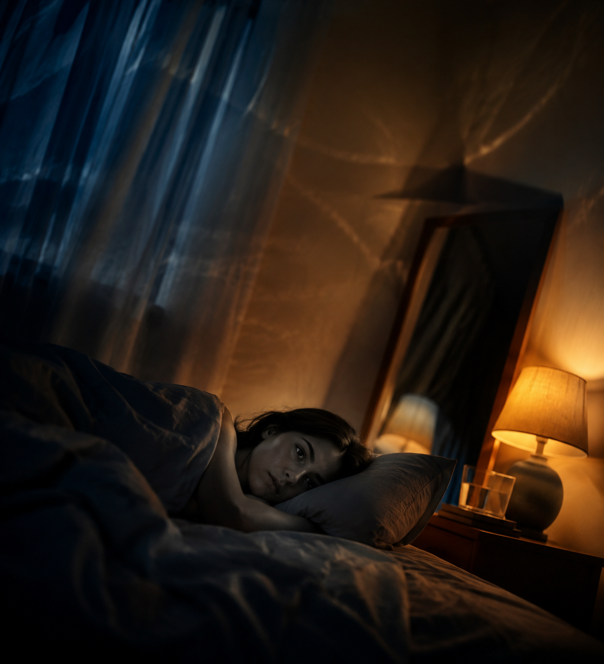 A person lying awake and tense in a dim bedroom after an earthquake