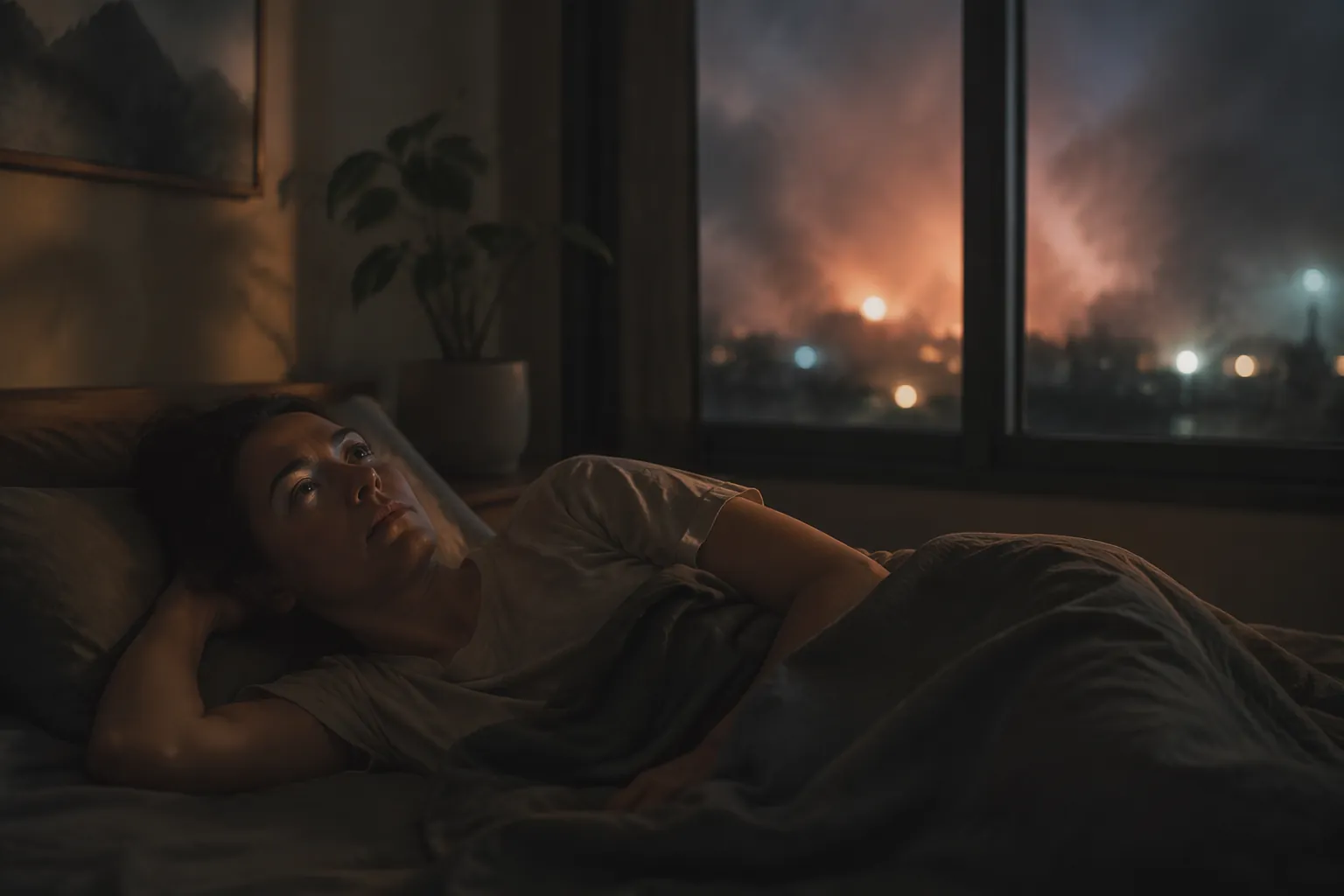 A person lying awake in a dark bedroom as outside tension seems to follow them indoors
