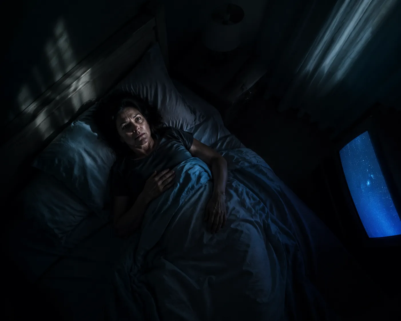 A perimenopausal woman lying awake in a dim bedroom after a frightening film