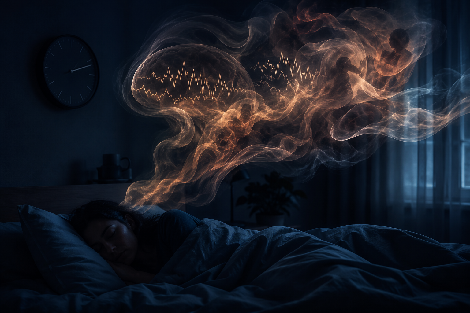 Sleeping figure in a dark bedroom with smoke and vapor drifting above as restless brain wave patterns