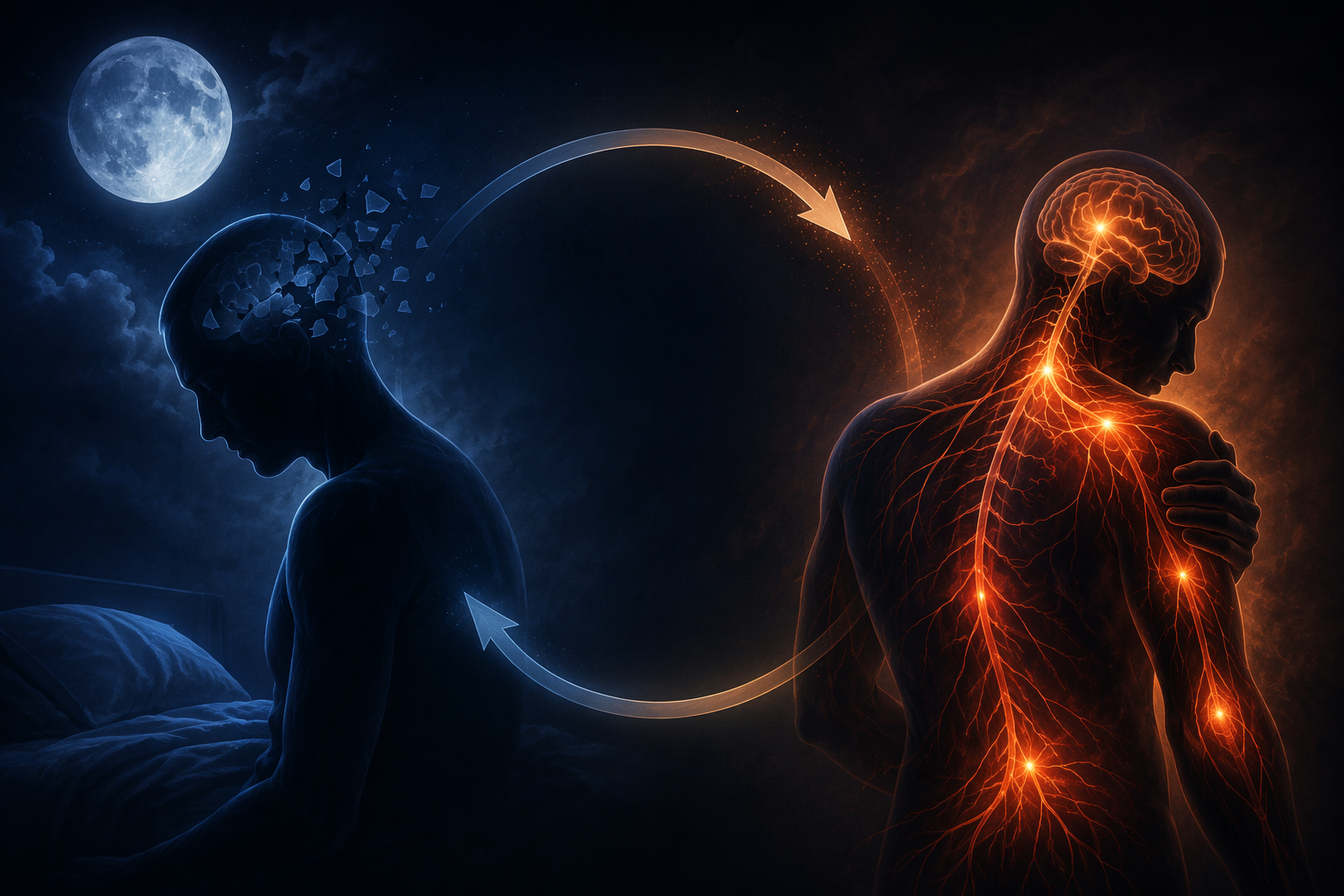 Illustration of fragmented sleep waves and orange pain-signaling pathways connected by a circular arrow