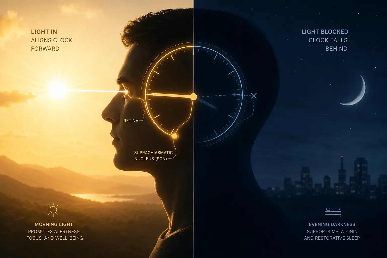 Scientific illustration of a profile silhouette receiving warm morning light while evening darkness dims an internal clock shape