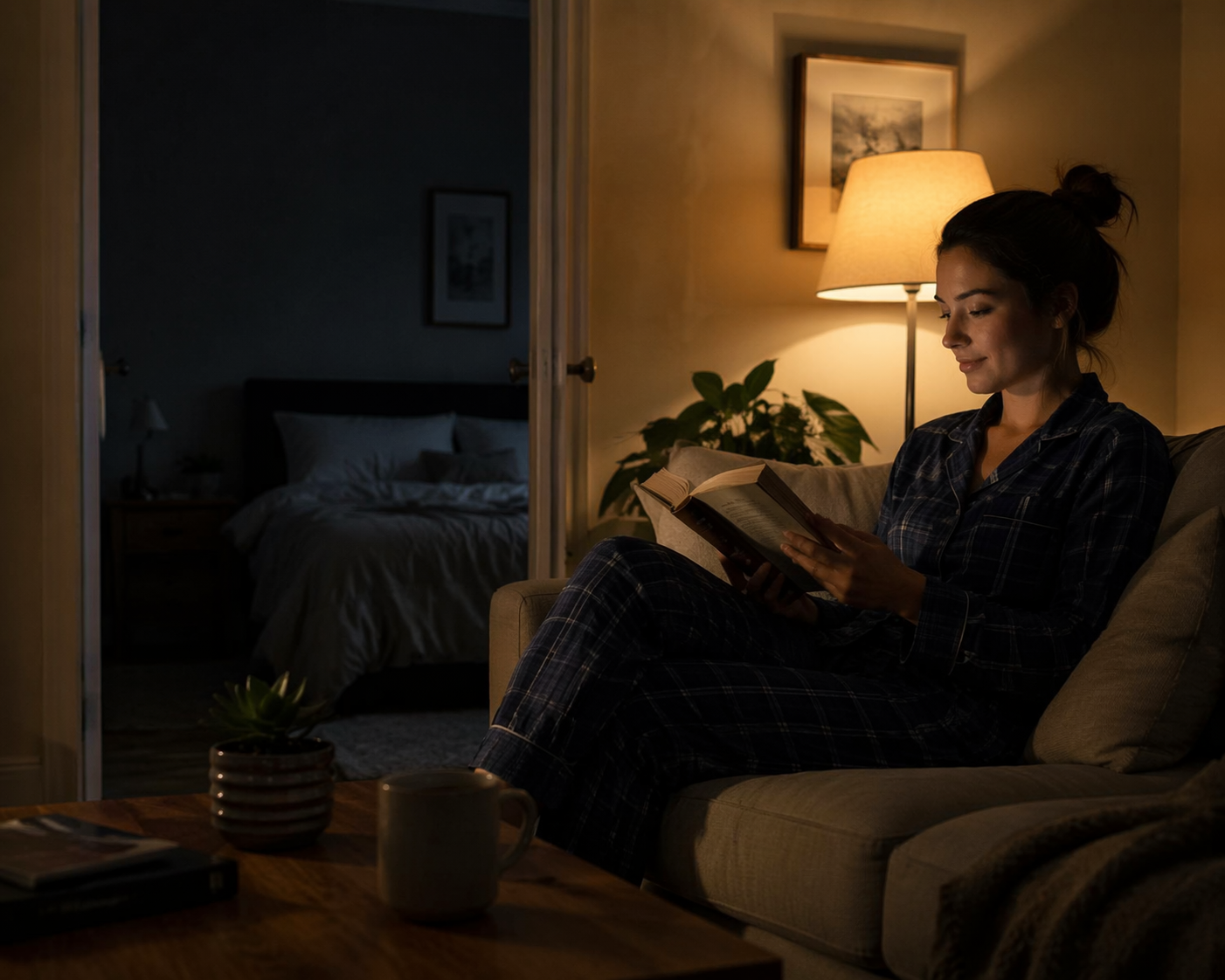 A person calmly reading on a couch at night while the bed remains empty in the background