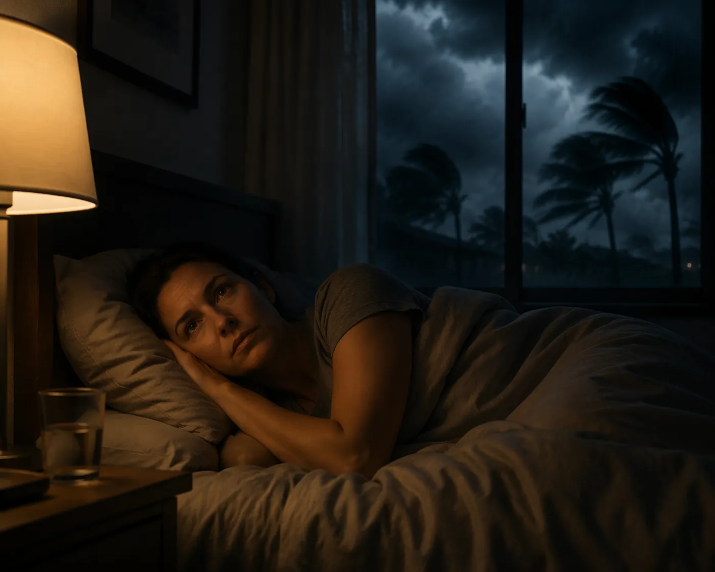 Woman awake in bed at night while storm clouds and wind-blown palm trees show an approaching hurricane outside