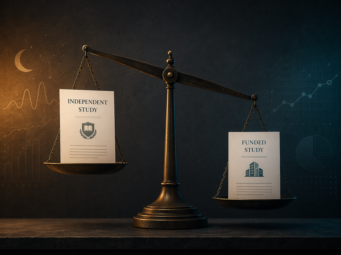 Illustration of a scale comparing an independent study document with a funded study document