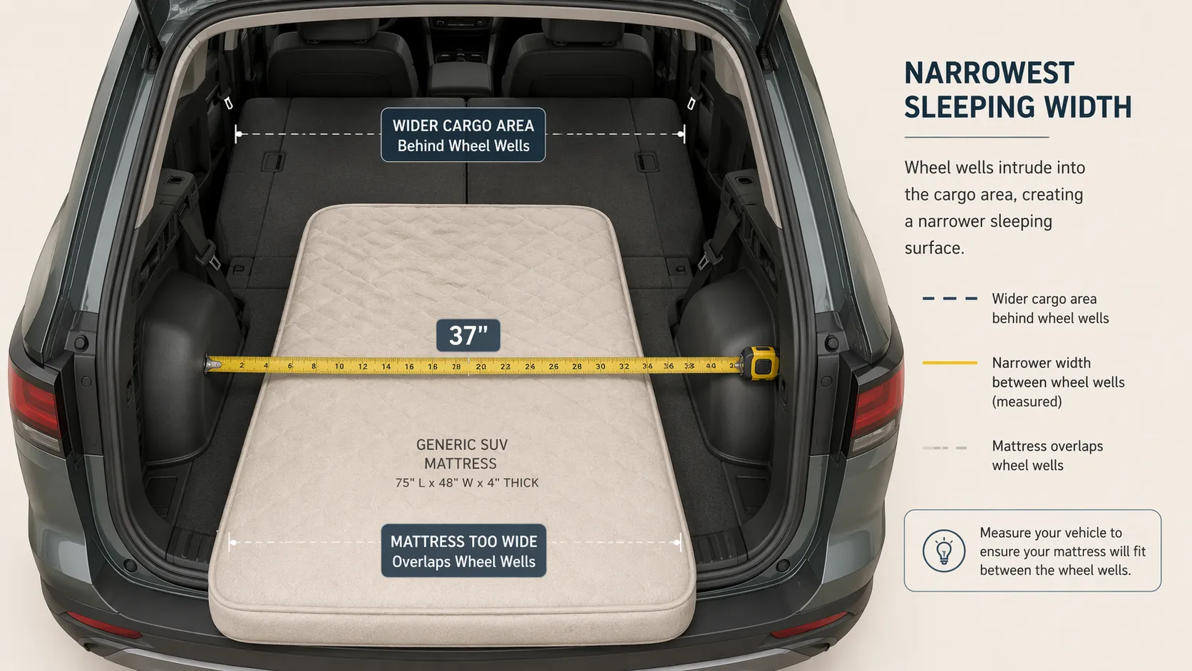 Top-down diagram of an EV cargo area showing a tape measure across the narrow wheel-well width and an oversized SUV mattress overlapping