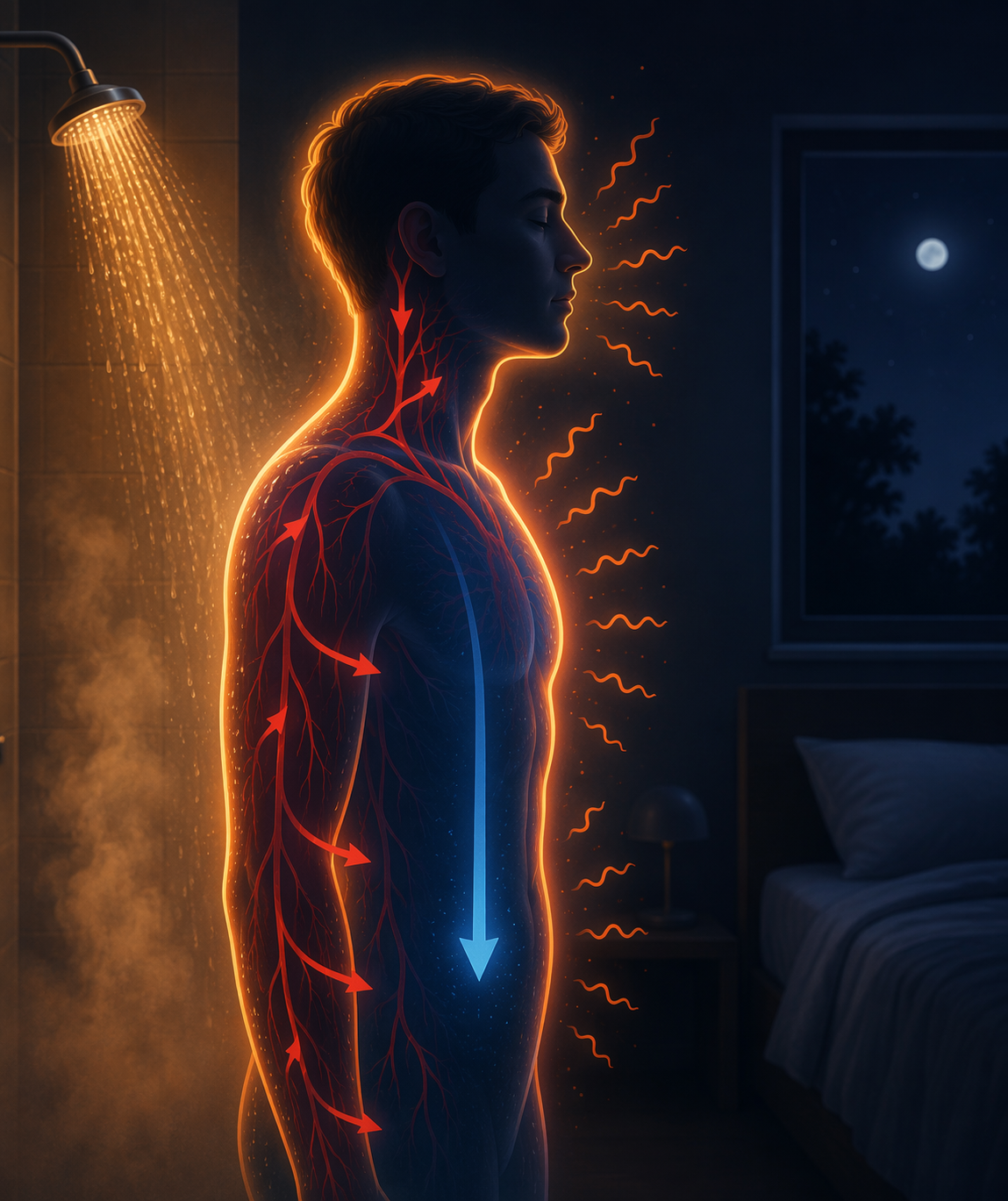 Illustration showing skin warming, vasodilation, heat loss, and declining core body temperature before sleep