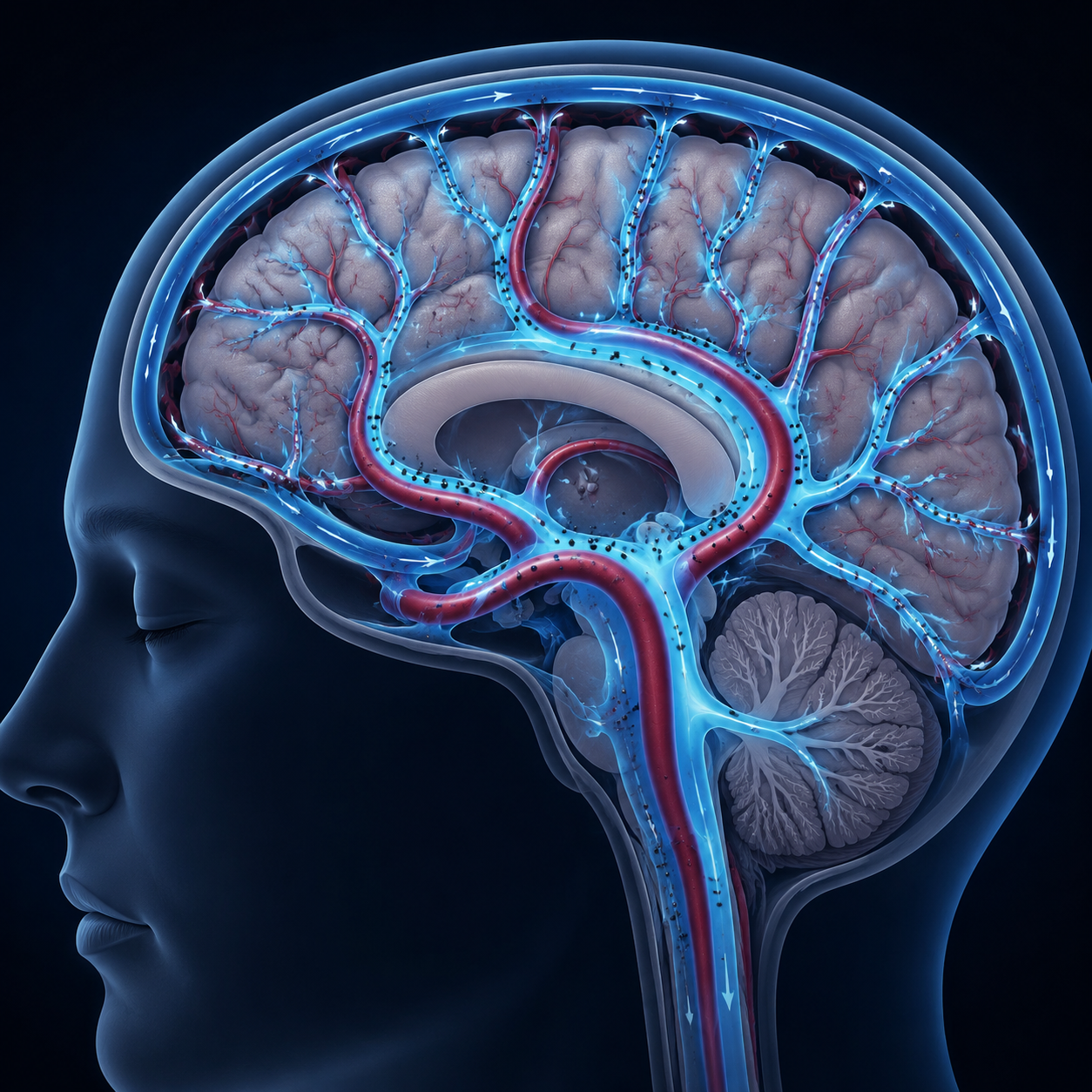 Cerebrospinal fluid flowing along perivascular spaces and carrying metabolic waste away from brain tissue