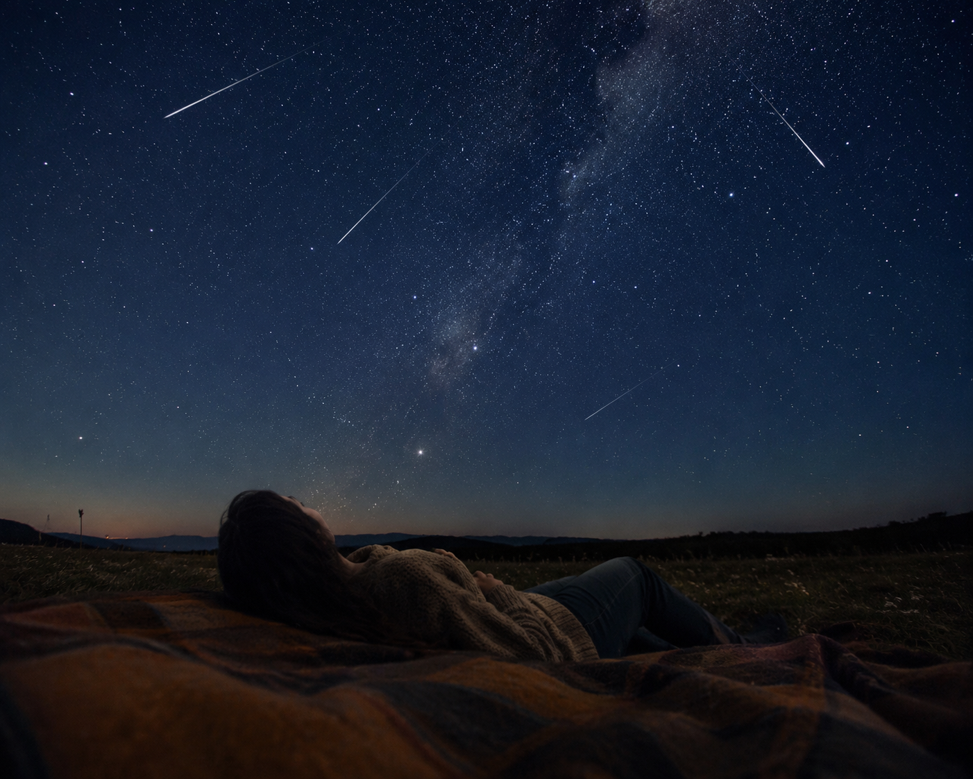 A person wrapped in a blanket watches meteors from a dark open field