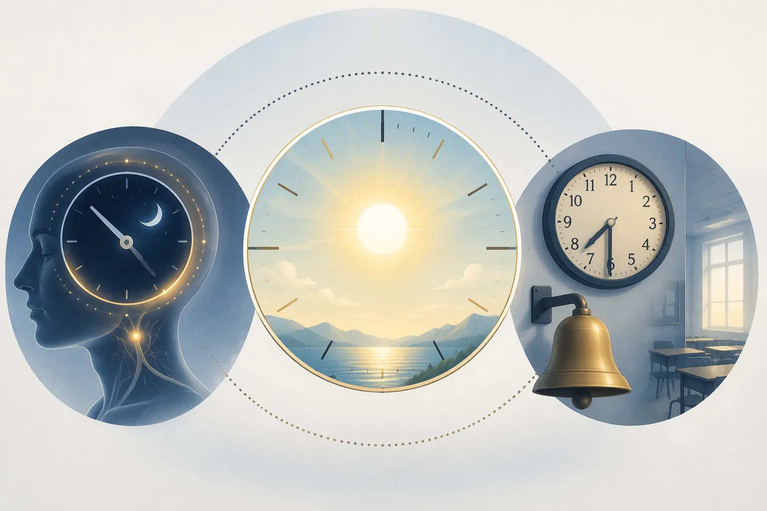 Biological time, solar time, and social time shown as three misaligned visual clocks.