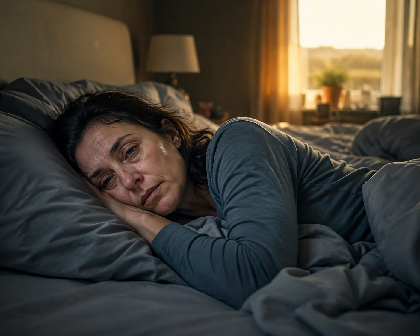 A tired woman lies awake in morning light after a full night of sleep