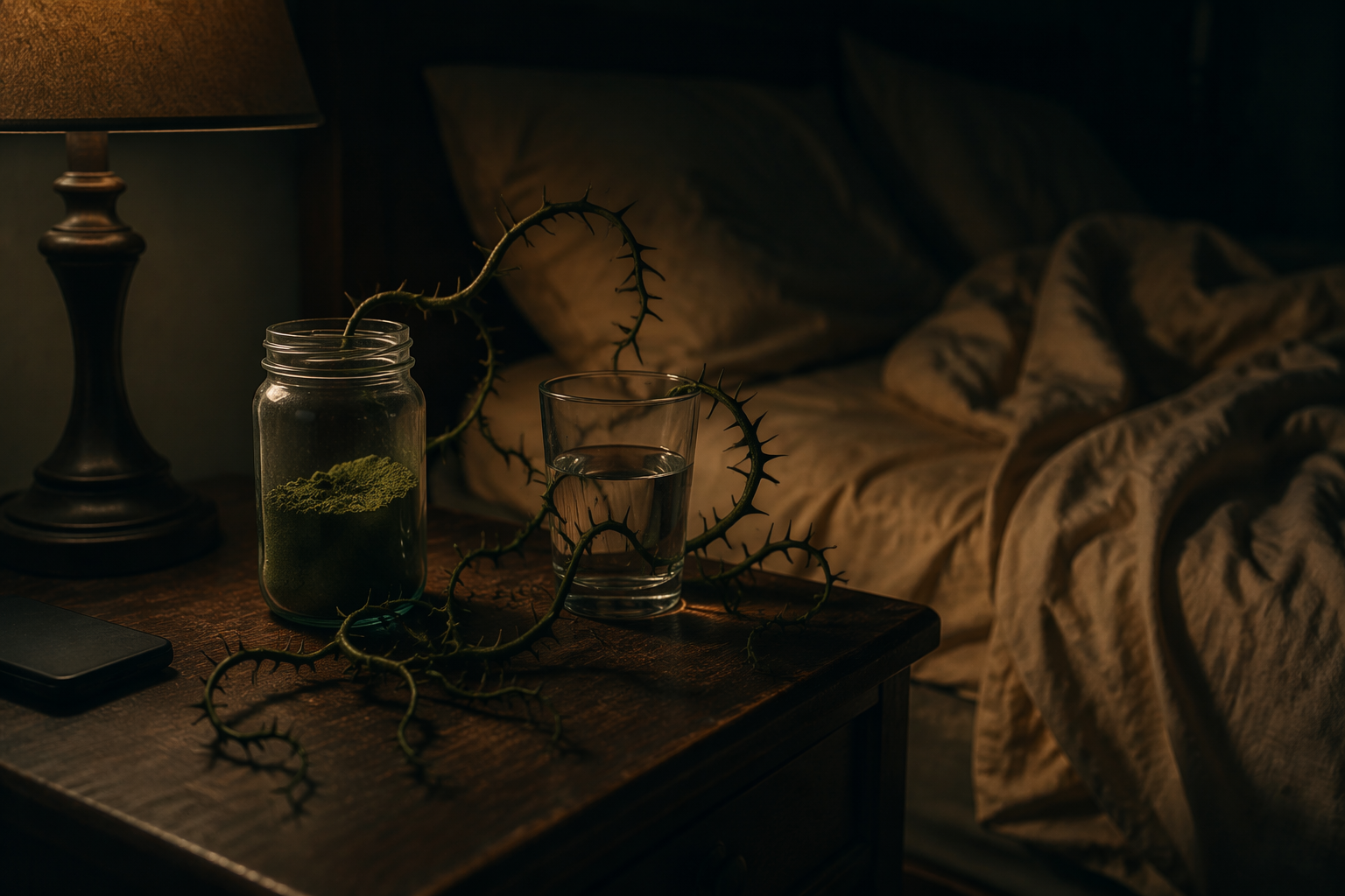A jar of kratom powder on a nightstand beside a rumpled bed, with thorny vines in the shadows.