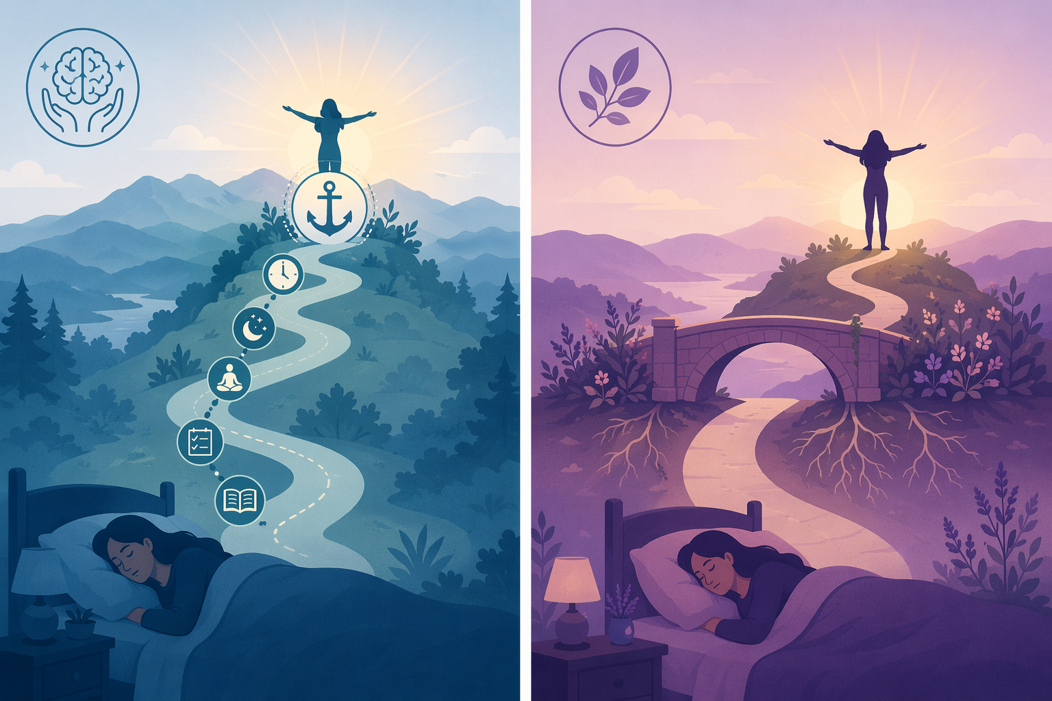 A two-panel editorial comparison illustration. The left panel in cool blue tones shows a path from a bed to a sunrise with a lasting anchor icon, representing CBT-I building long-term skills. The right panel in warm purple-pink tones shows a path from a bed to a sunrise with a supporting bridge, representing HRT addressing root causes.