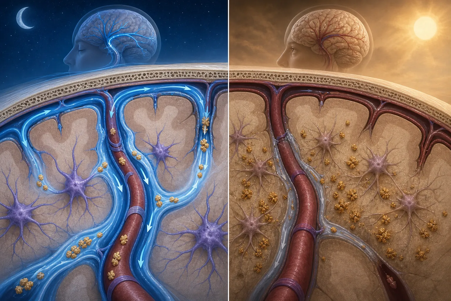 Side-by-side illustration of glymphatic fluid clearing beta-amyloid during sleep compared with reduced clearance during wakefulness