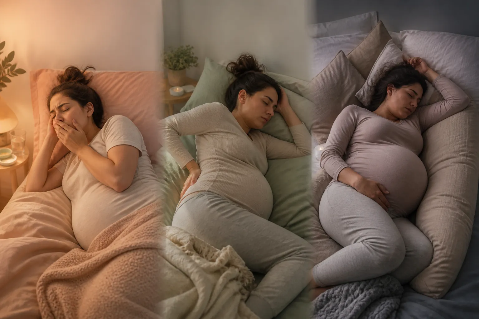 Pregnant woman sleeping across three trimester stages, from drowsy early pregnancy to more restless late pregnancy
