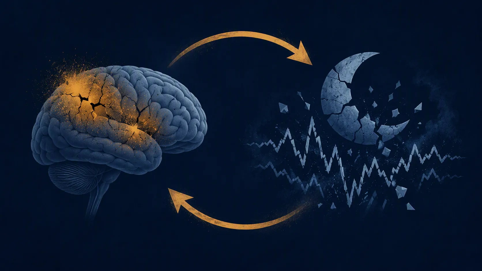 Conceptual illustration of a brain impact and disrupted sleep connected by circular arrows