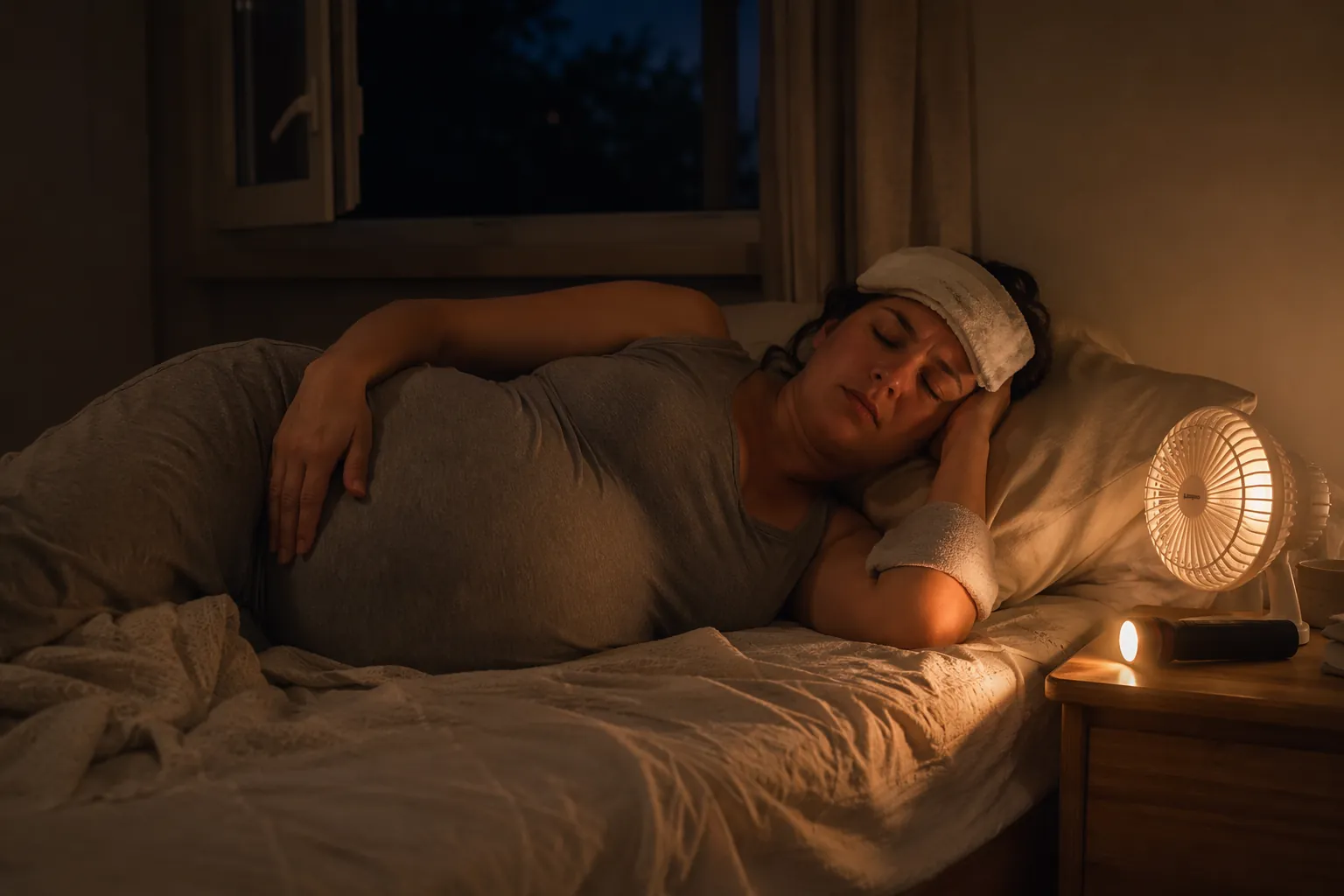 Pregnant woman resting on her left side during a hot power outage with a battery fan, flashlight, damp cloths, and water nearby