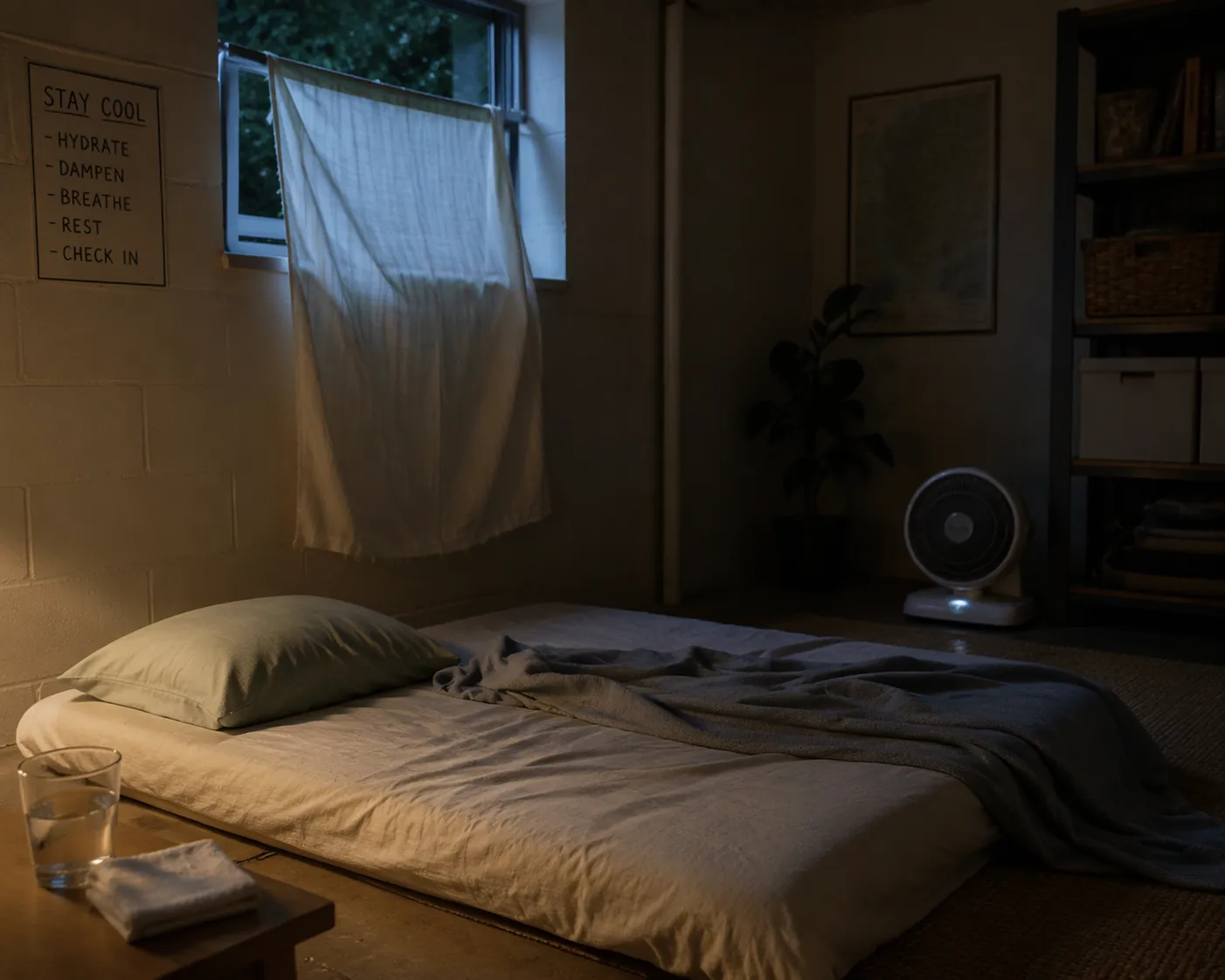 Lower-floor bedroom during a power outage with a damp sheet near an open window, water, fan, and damp washcloth