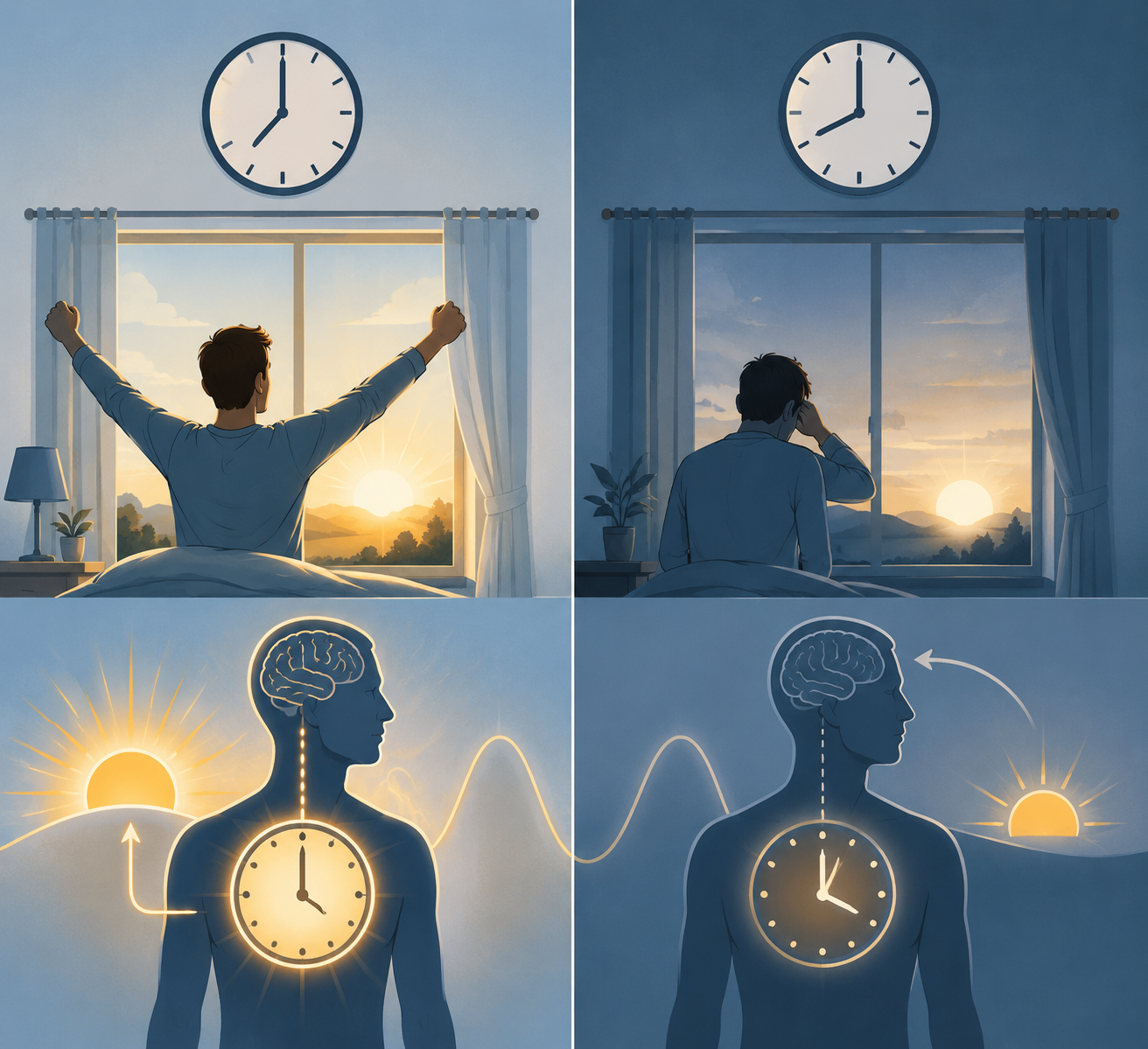 Infographic-style illustration showing standard time aligned with morning sun and daylight saving time misaligned with wake time