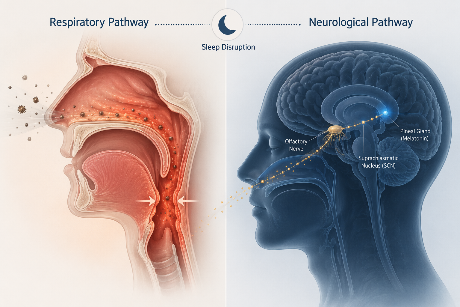 Two-panel illustration showing respiratory and neurological pathways from air pollution to sleep disruption