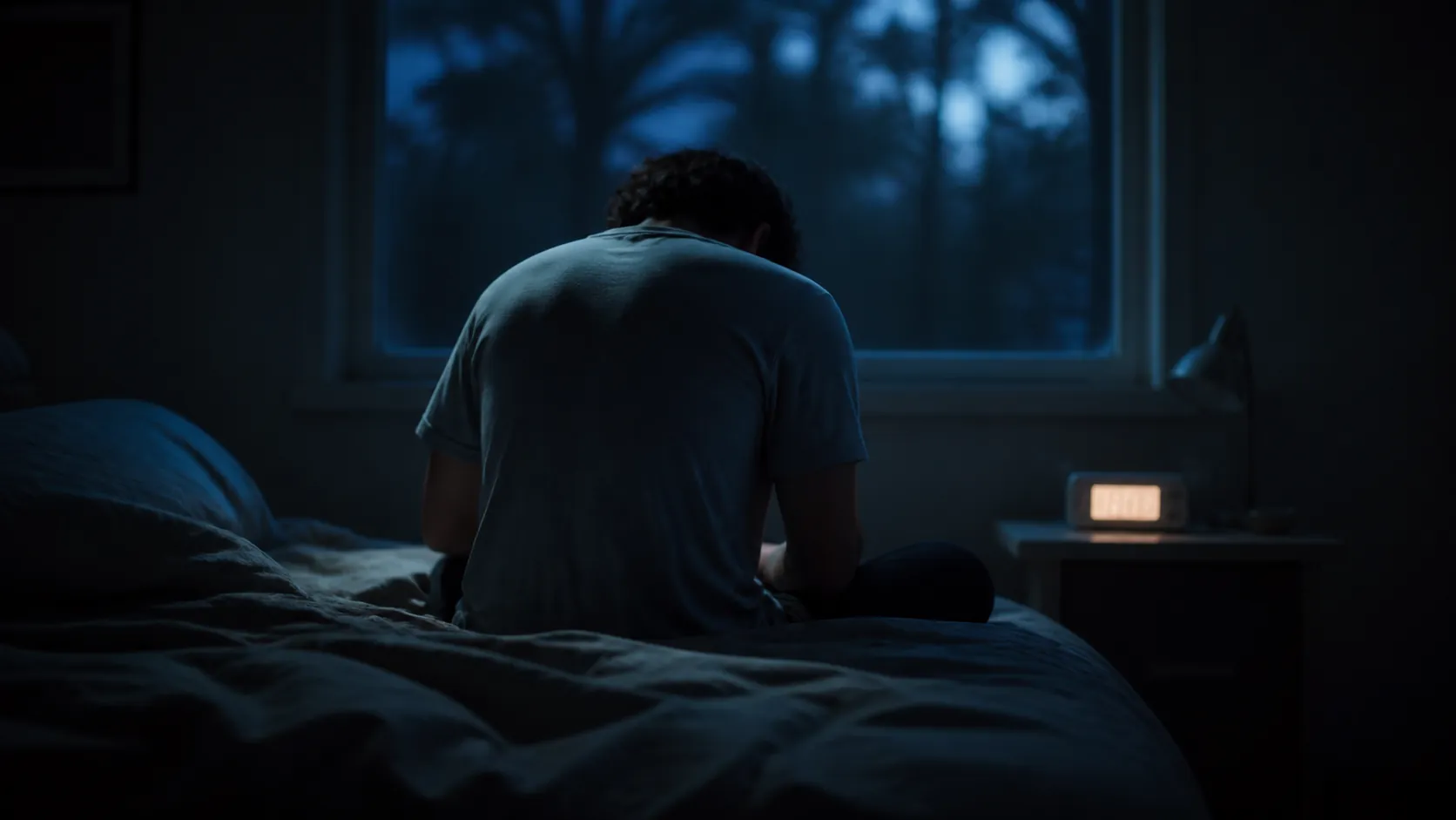 Person sitting awake in bed late at night beside a glowing alarm clock