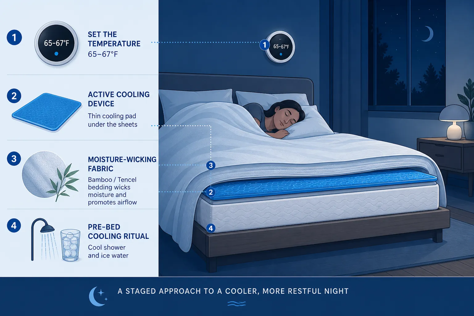 Illustration of a bedroom cooling plan with a 65 to 67 degree thermostat, cooling pad, moisture-wicking bedding, shower icon, and ice water