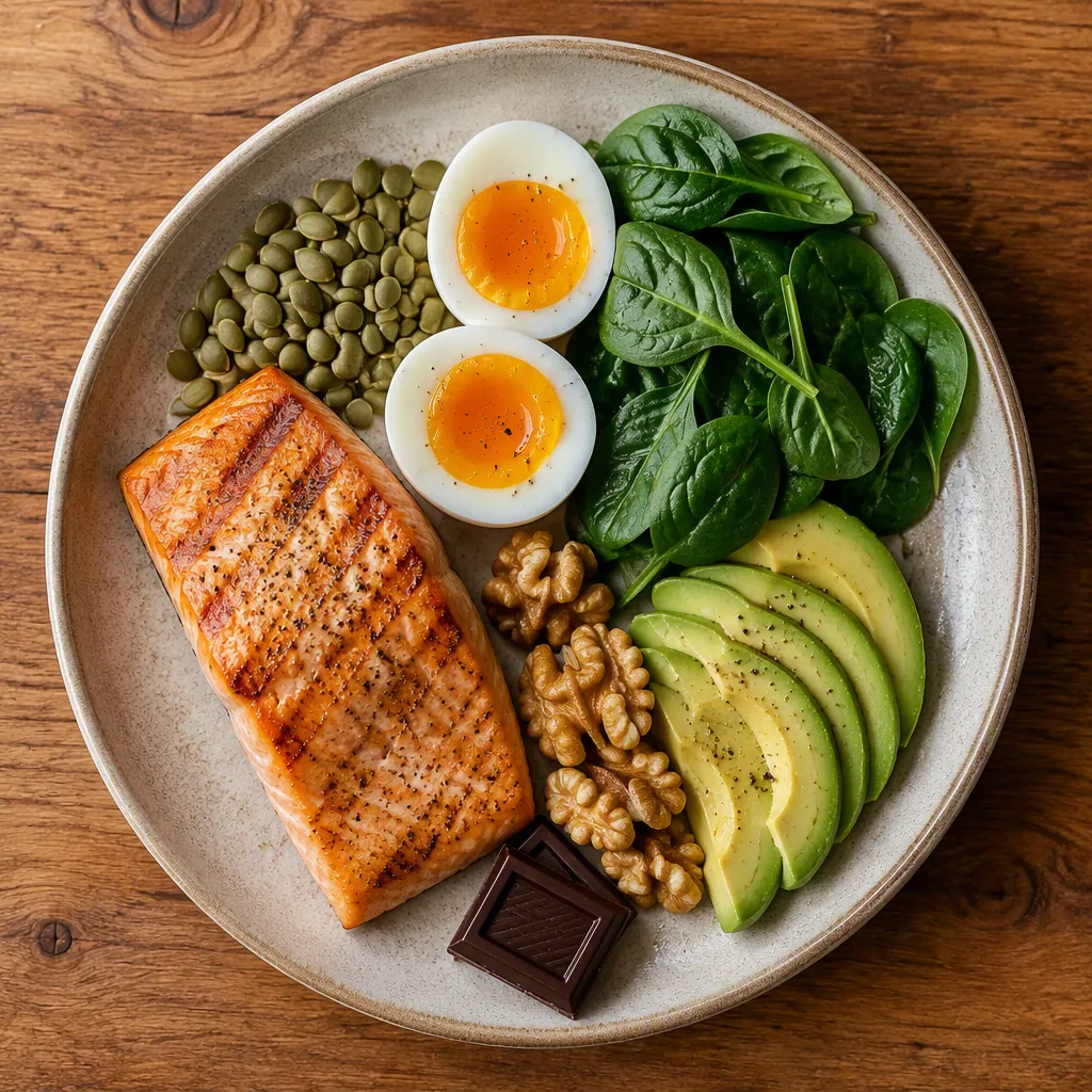 Flat lay of salmon, pumpkin seeds, soft-boiled eggs, spinach, avocado, walnuts, and dark chocolate on a wooden surface