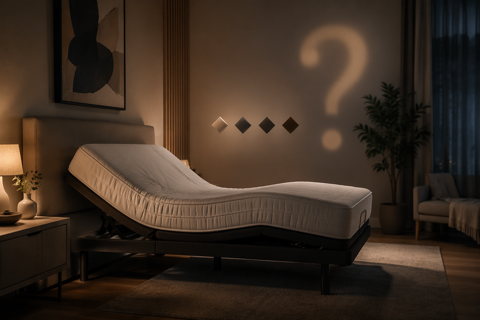 Adjustable bed in an elevated zero-gravity position in a calm modern bedroom