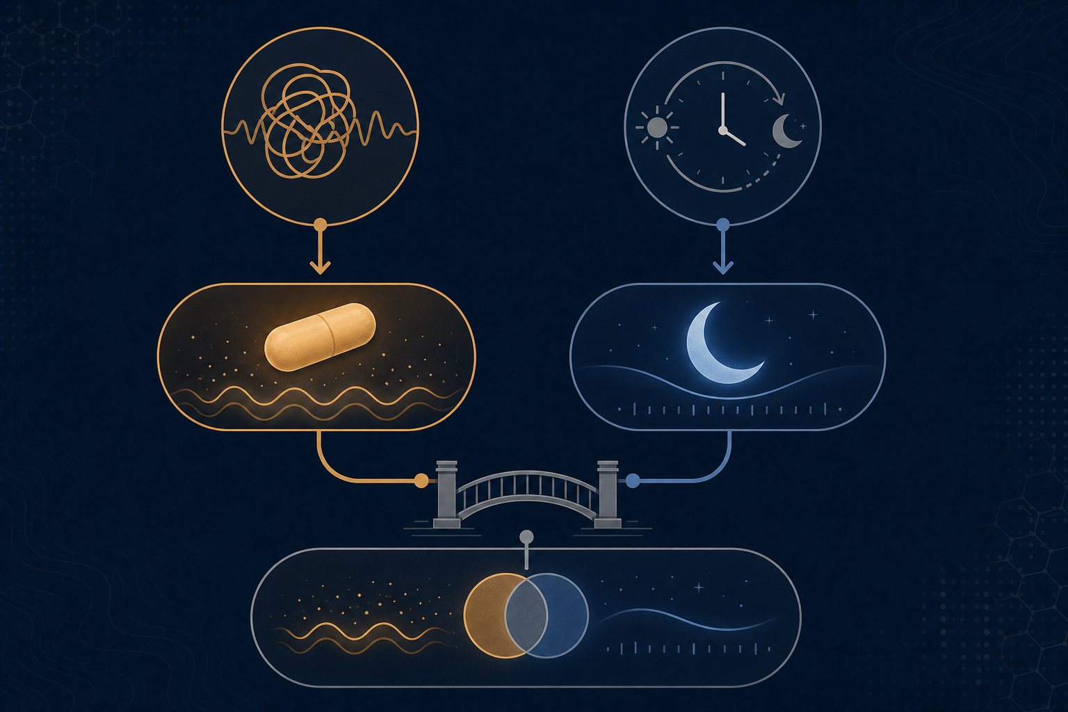 Decision pathway diagram showing two lanes: left lane with a stress icon leading to a calming capsule for sleep quality issues, right lane with a sun-moon clock icon leading to a crescent moon for circadian disruptions, converging at the bottom for combination use.