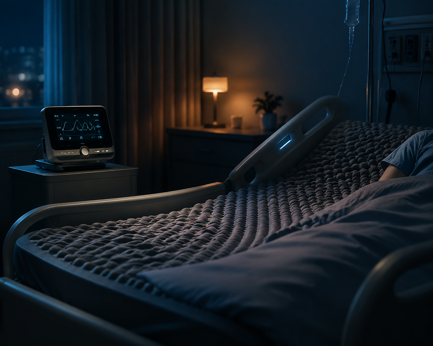 Dim hospital room with a pressure-relief mattress and bedside sleep monitor at night