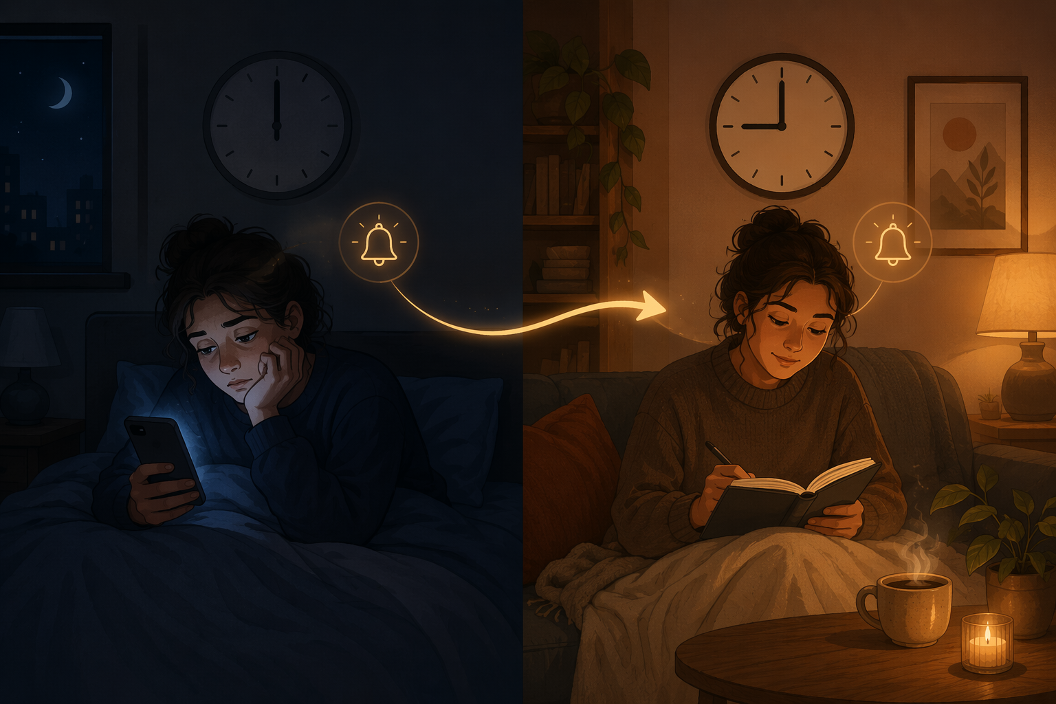 A split scene showing a midnight phone habit changing into an earlier evening reading routine with tea
