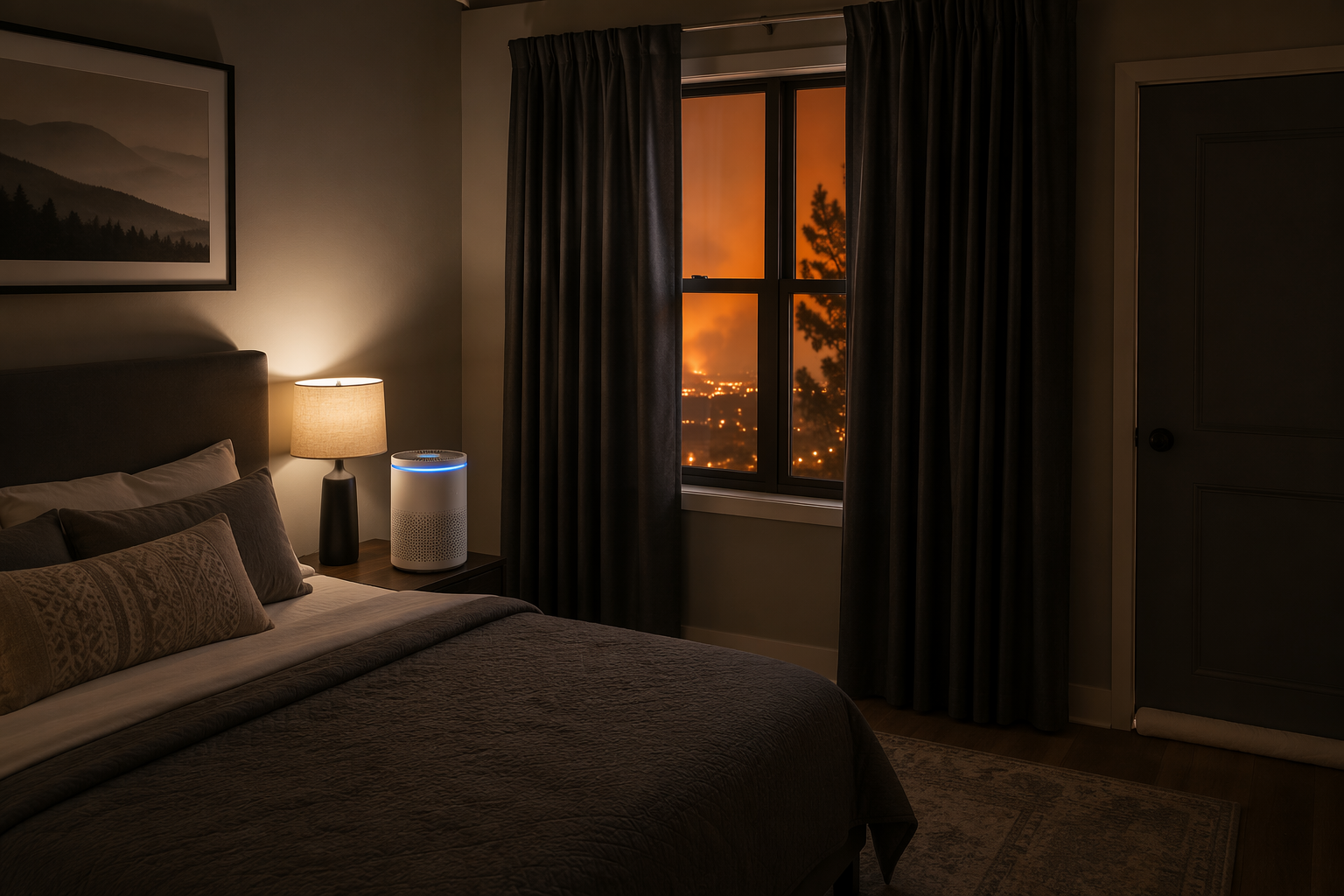 Bedroom at night with a HEPA purifier, closed smoky window, and door gap sealed