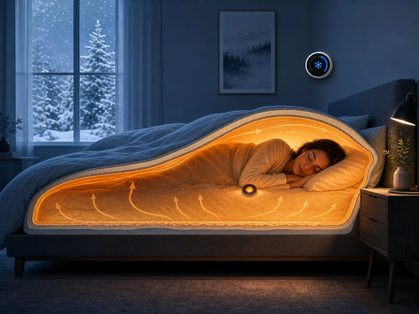 Illustration of a warm bed microclimate under the covers in a cool winter bedroom